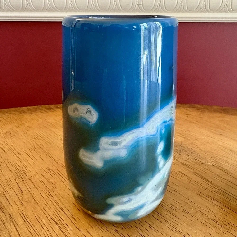 Stunning Hand Blown Art Glass Tumbler Set Of 2 | Blue Green‎ White Swirl | Heavy